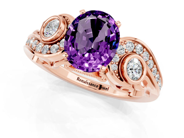 Rose gold Oval Cut Amethyst Solitaire Ring with Milgrain Pavé Band and Four-Prong Setting