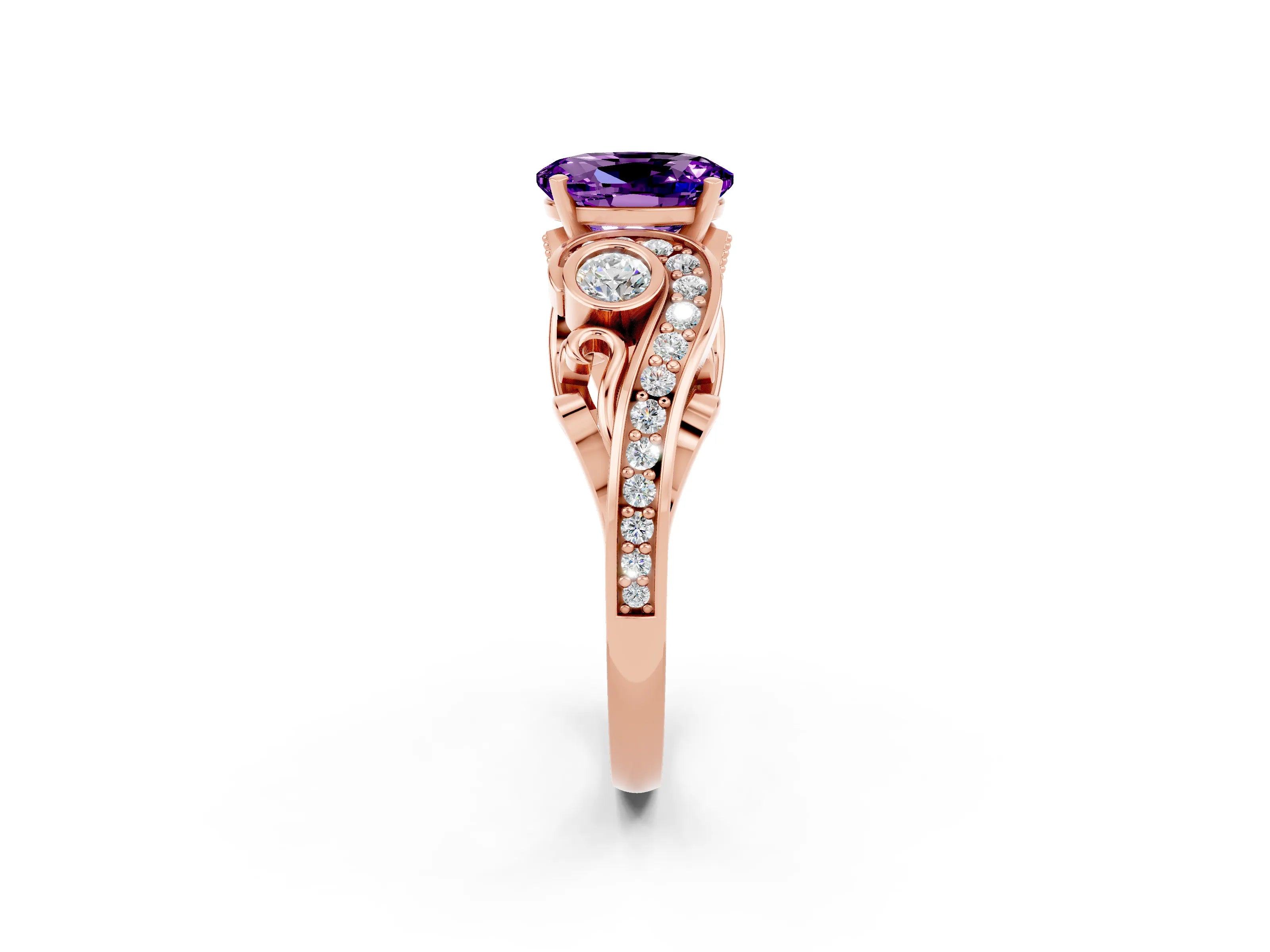 Rose gold Oval Cut Amethyst Solitaire Ring with Milgrain Pavé Band and Four-Prong Setting_26