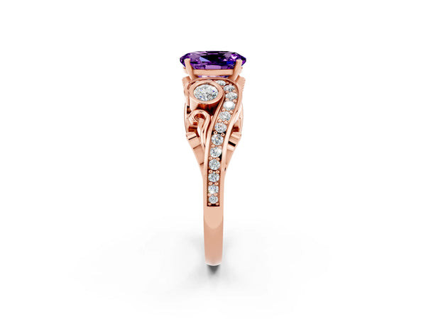 Rose gold Oval Cut Amethyst Solitaire Ring with Milgrain Pavé Band and Four-Prong Setting