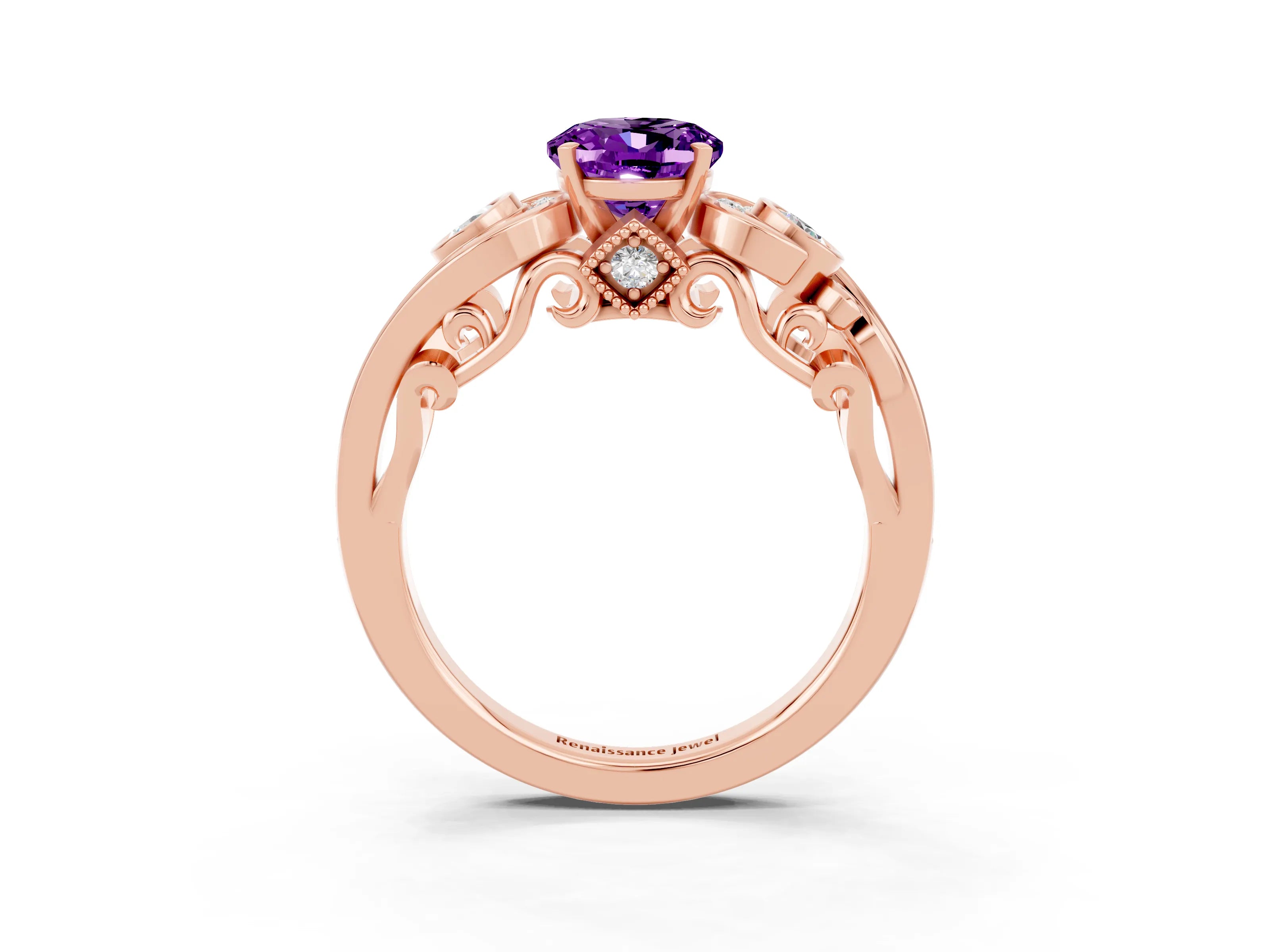 Rose gold Oval Cut Amethyst Solitaire Ring with Milgrain Pavé Band and Four-Prong Setting_27