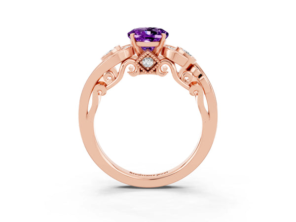 Rose gold Oval Cut Amethyst Solitaire Ring with Milgrain Pavé Band and Four-Prong Setting