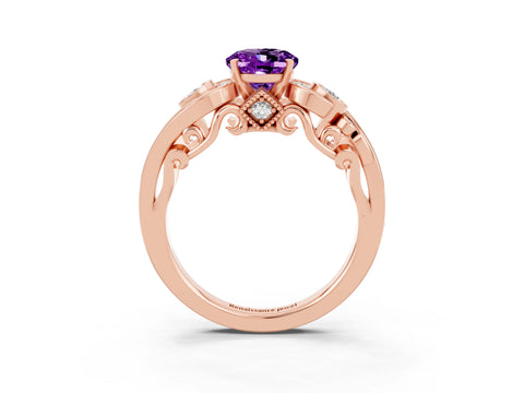 Rose gold Oval Cut Amethyst Solitaire Ring with Milgrain Pavé Band and Four-Prong Setting_27
