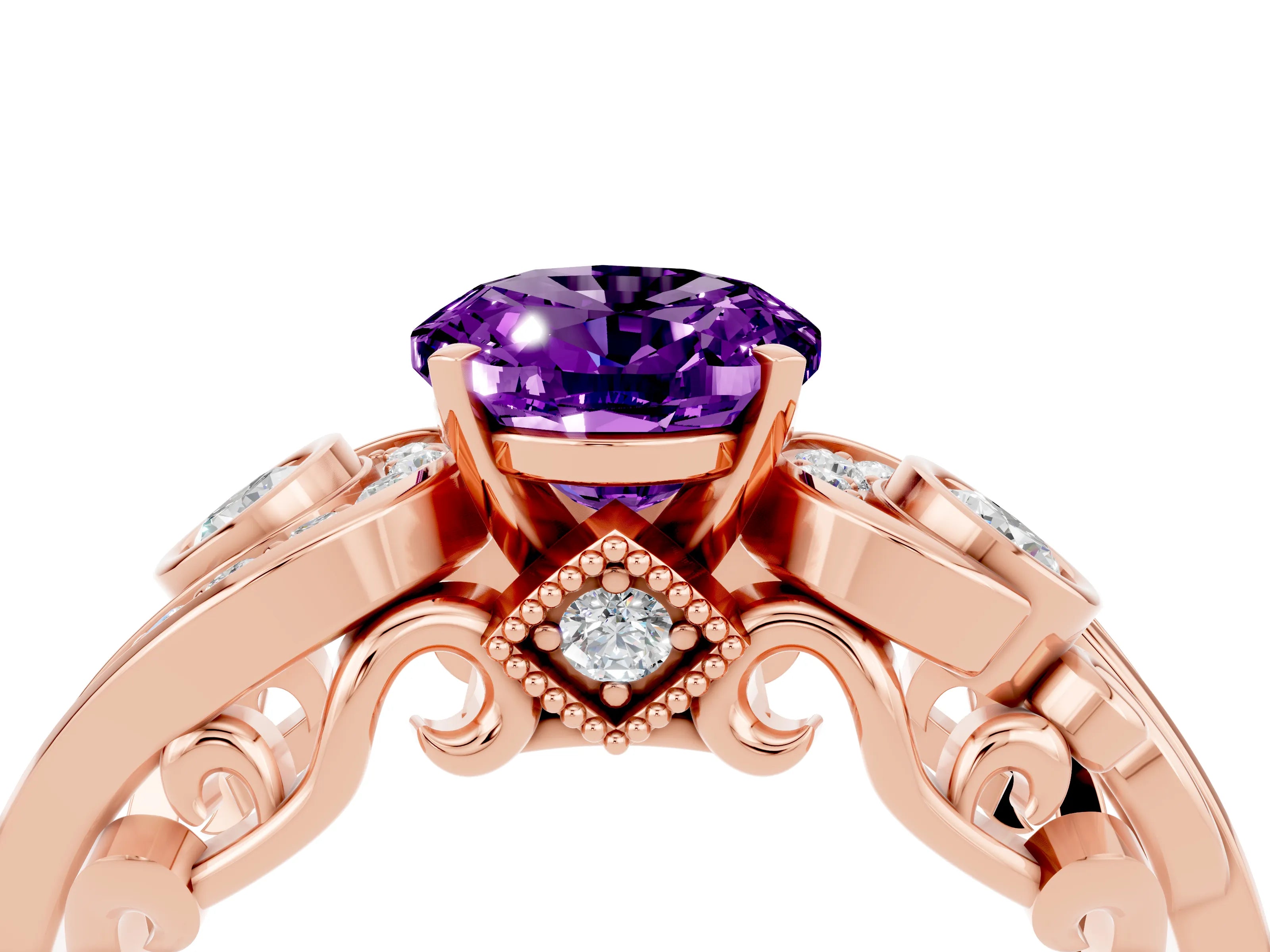 Rose gold Oval Cut Amethyst Solitaire Ring with Milgrain Pavé Band and Four-Prong Setting_28