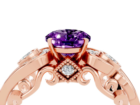Rose gold Oval Cut Amethyst Solitaire Ring with Milgrain Pavé Band and Four-Prong Setting_28
