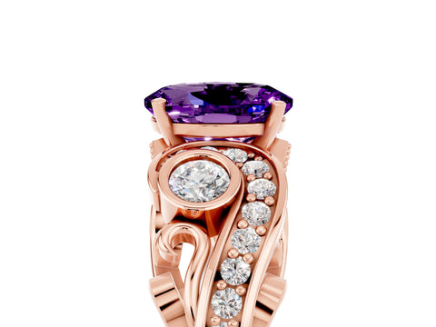 Rose gold Oval Cut Amethyst Solitaire Ring with Milgrain Pavé Band and Four-Prong Setting_29