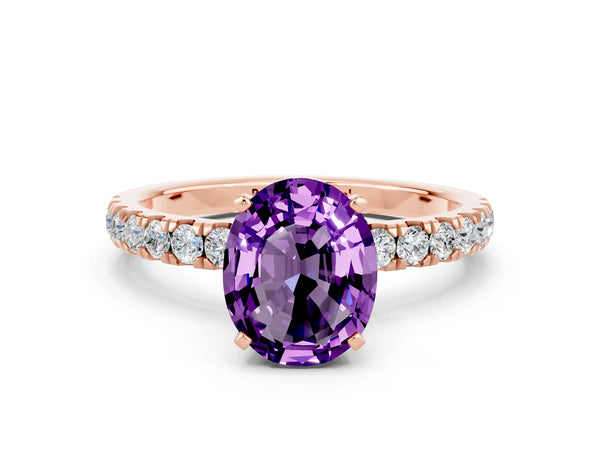 Rose gold Oval Cut Amethyst Solitaire Ring with Pavé Accents and Four-Prong Setting