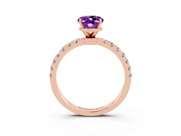 Rose gold Oval Cut Amethyst Solitaire Ring with Pavé Accents and Four-Prong Setting