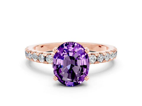 Rose gold Oval Cut Amethyst Solitaire Ring with Pavé Band and Four-Prong Setting_24