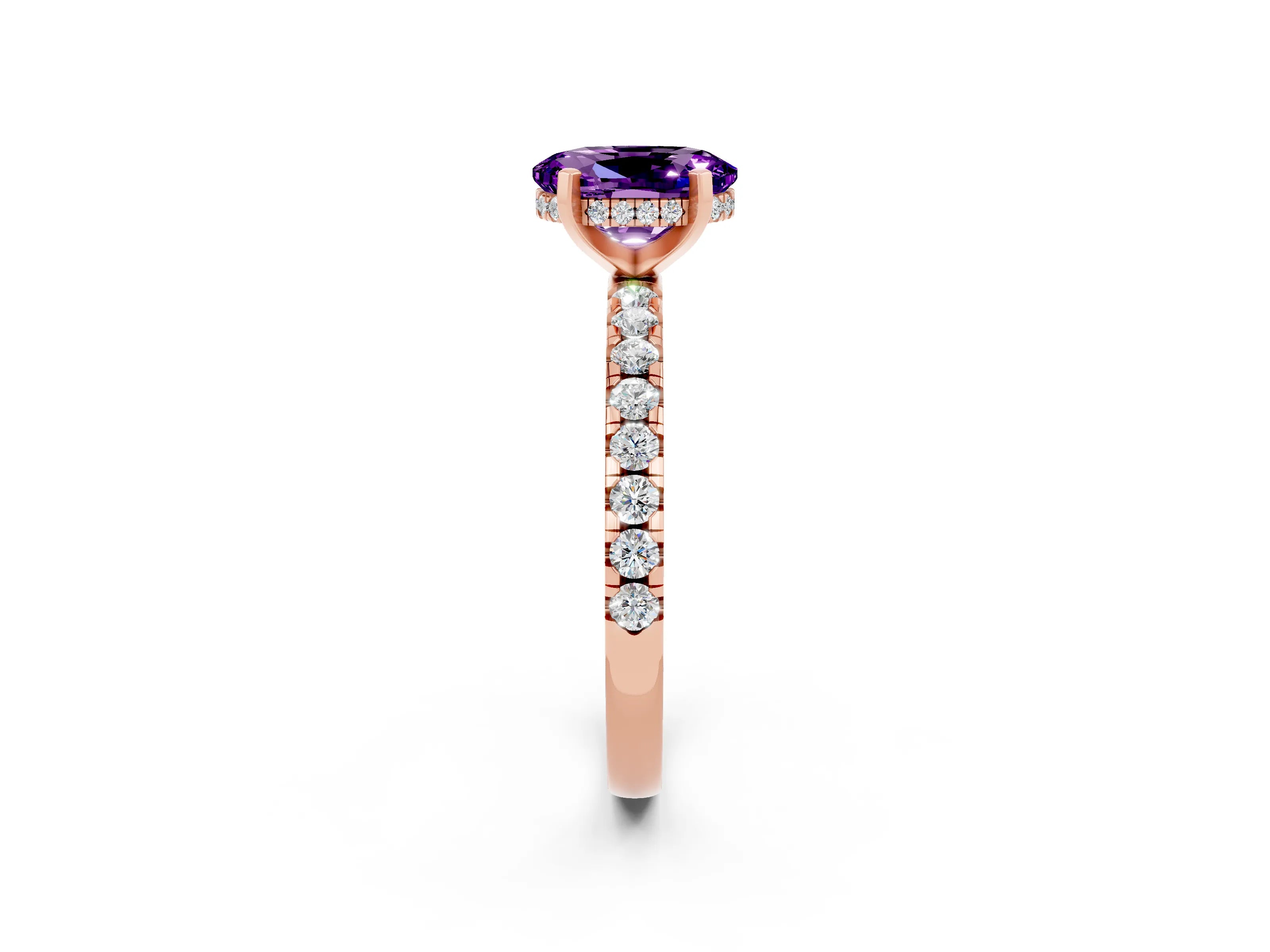 Rose gold Oval Cut Amethyst Solitaire Ring with Pavé Band and Four-Prong Setting_26