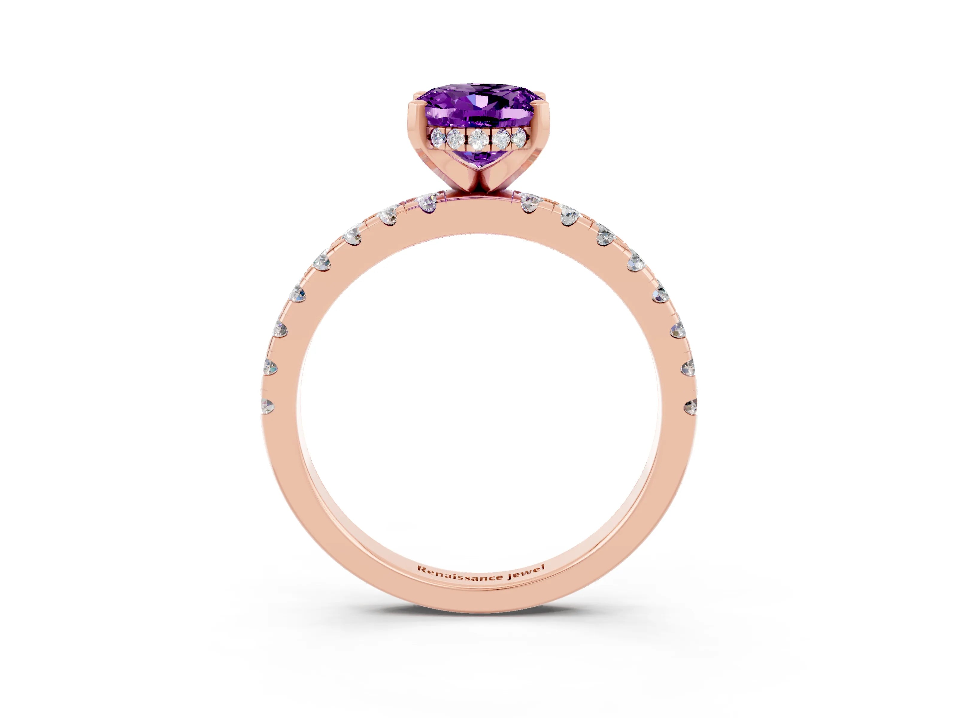 Rose gold Oval Cut Amethyst Solitaire Ring with Pavé Band and Four-Prong Setting_27