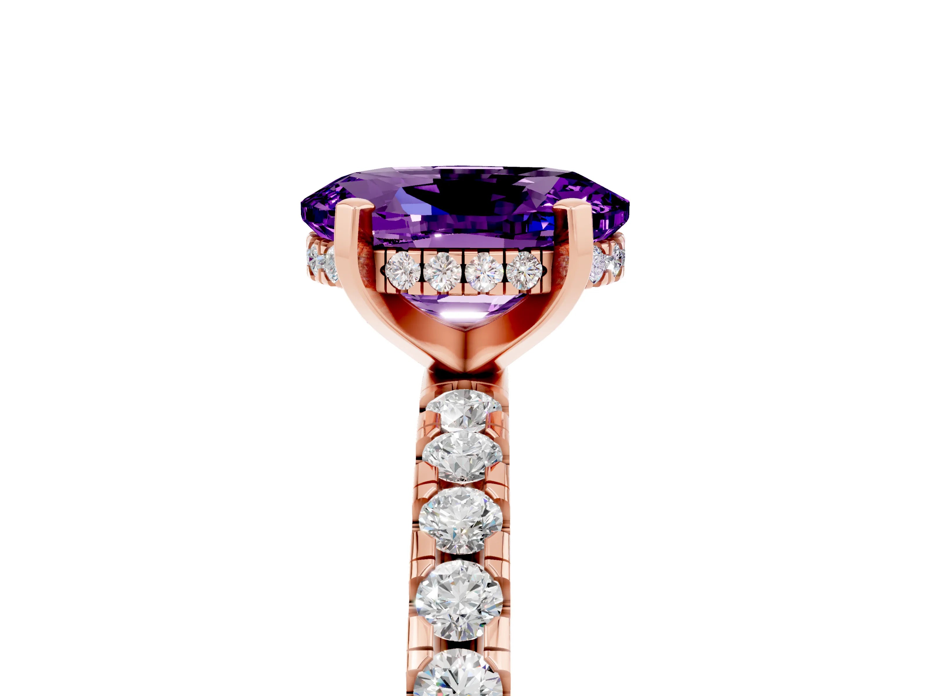 Rose gold Oval Cut Amethyst Solitaire Ring with Pavé Band and Four-Prong Setting_29