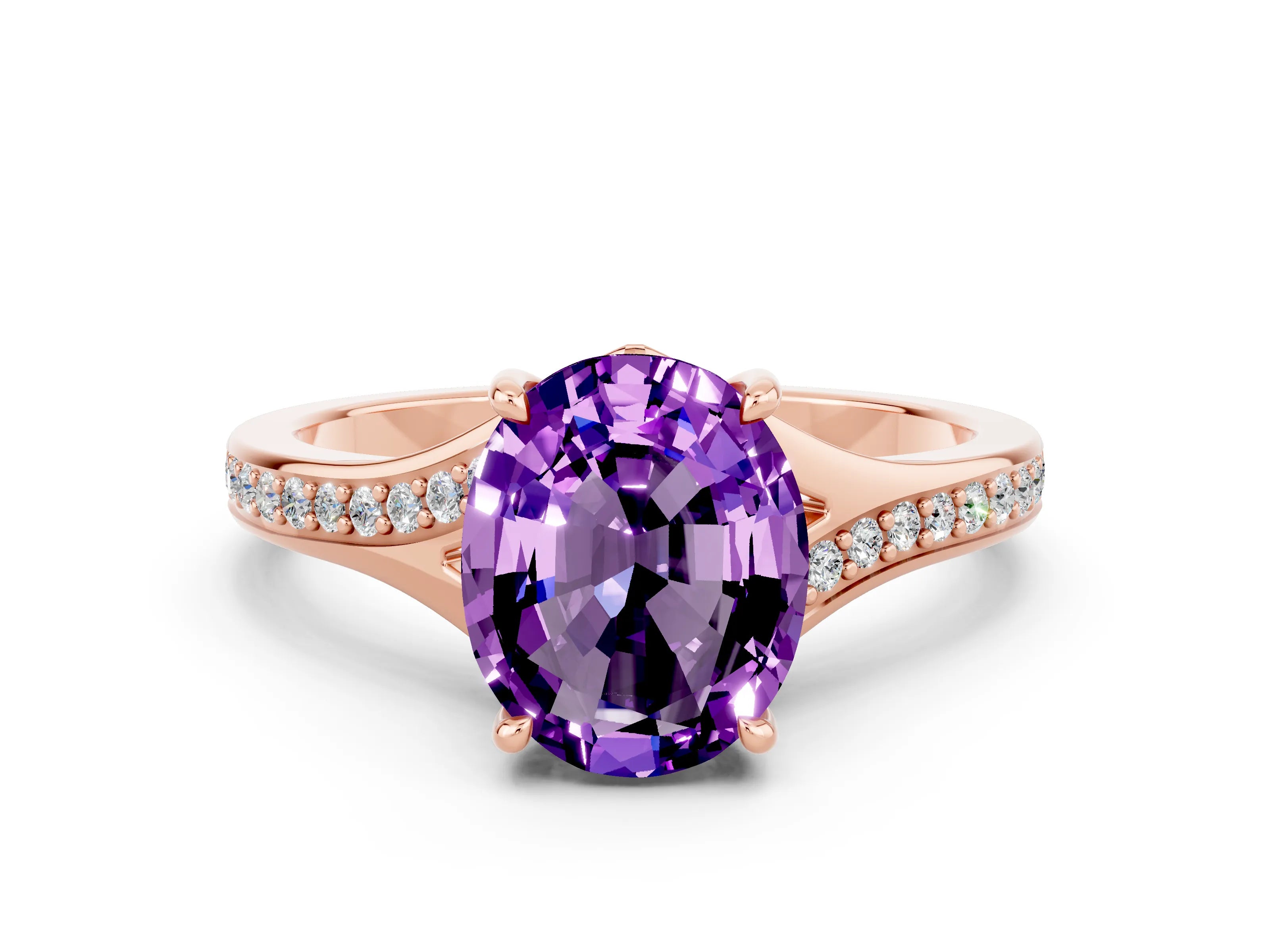 Rose gold Oval Cut Amethyst Solitaire Ring with Pavé Band and Prong Setting_12