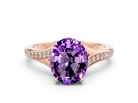 Rose gold Oval Cut Amethyst Solitaire Ring with Pavé Band and Prong Setting_12