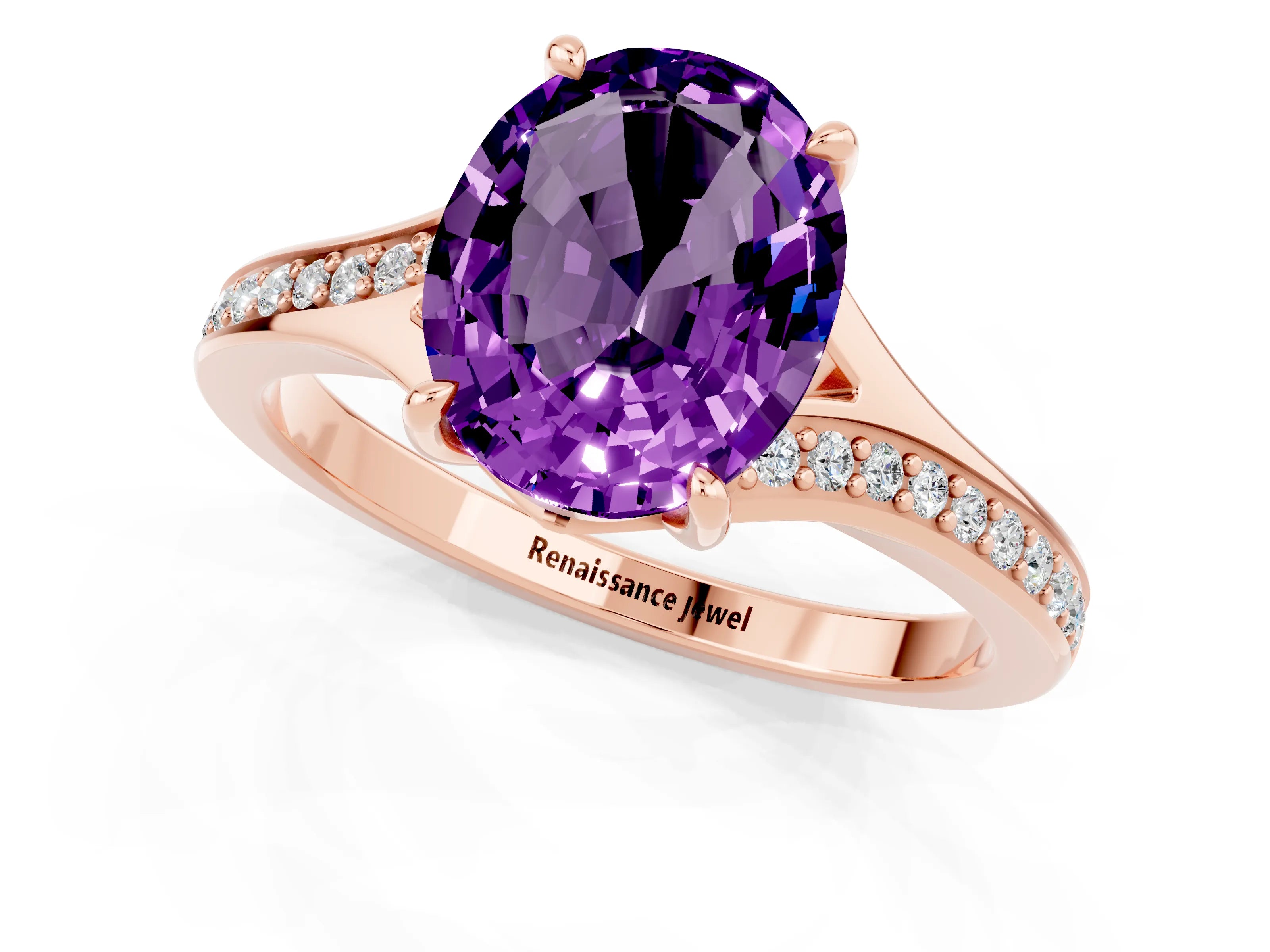 Rose gold Oval Cut Amethyst Solitaire Ring with Pavé Band and Prong Setting_13