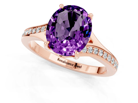 Rose gold Oval Cut Amethyst Solitaire Ring with Pavé Band and Prong Setting_13