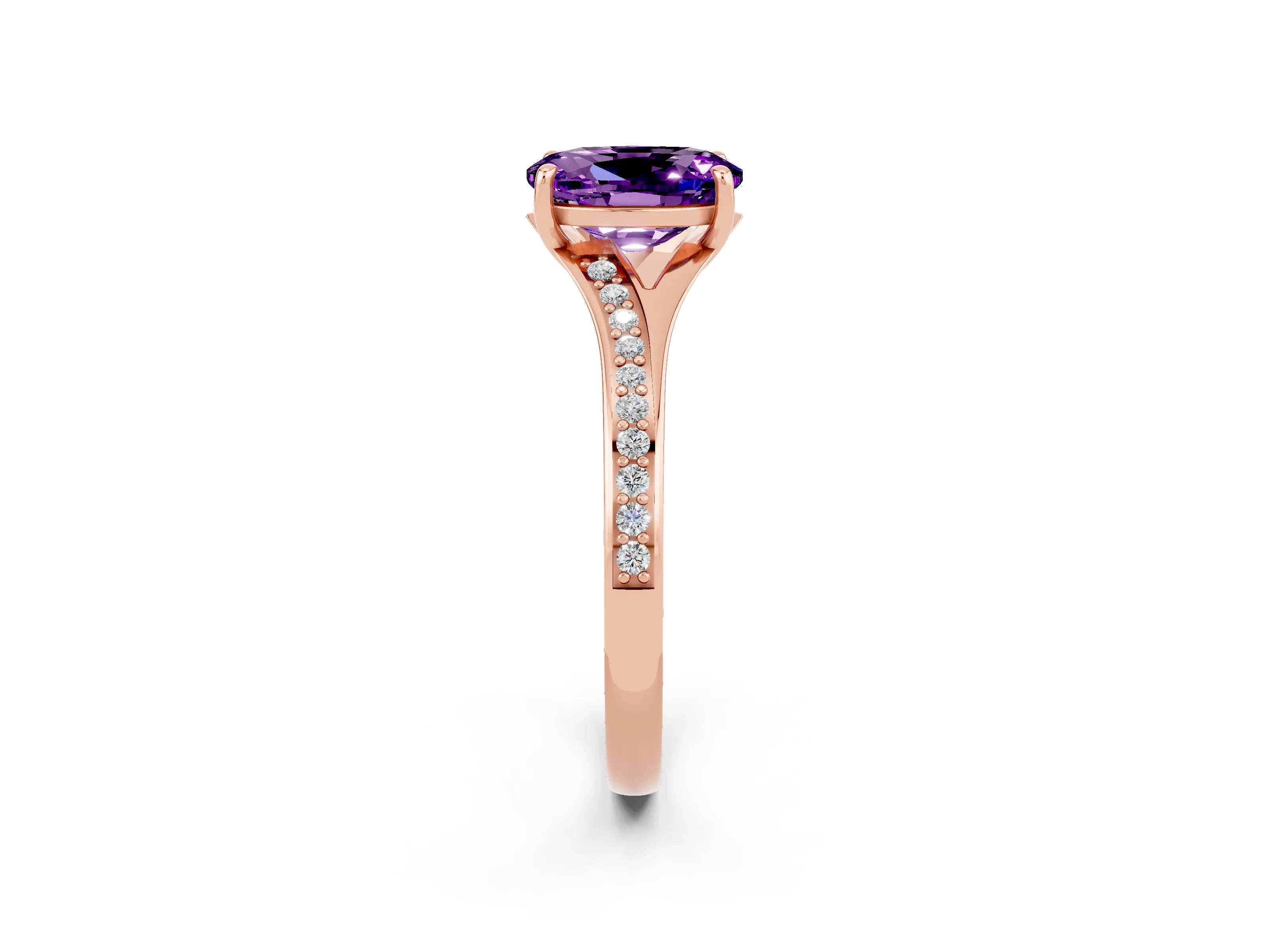 Rose gold Oval Cut Amethyst Solitaire Ring with Pavé Band and Prong Setting_14