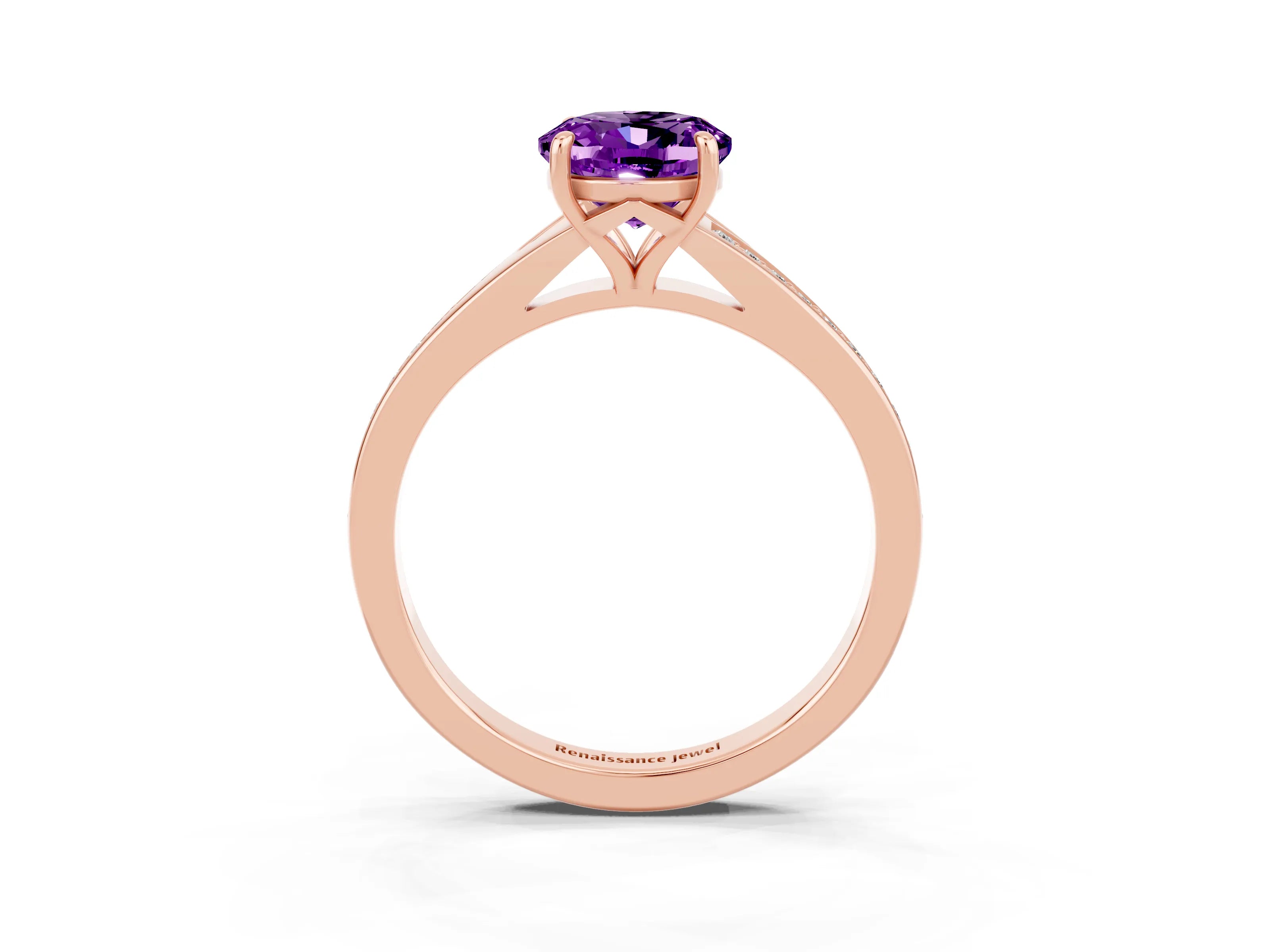 Rose gold Oval Cut Amethyst Solitaire Ring with Pavé Band and Prong Setting_15
