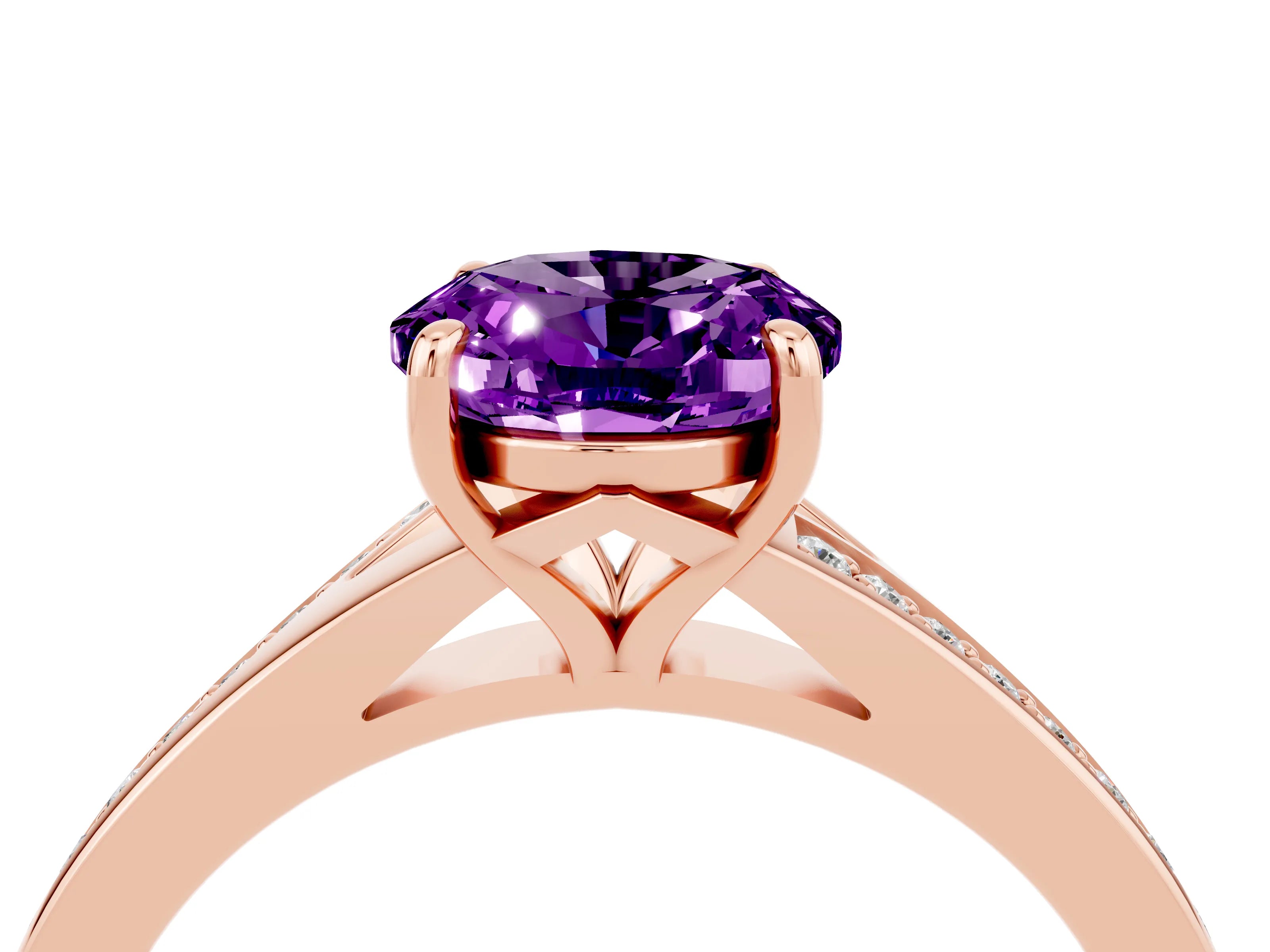 Rose gold Oval Cut Amethyst Solitaire Ring with Pavé Band and Prong Setting_16