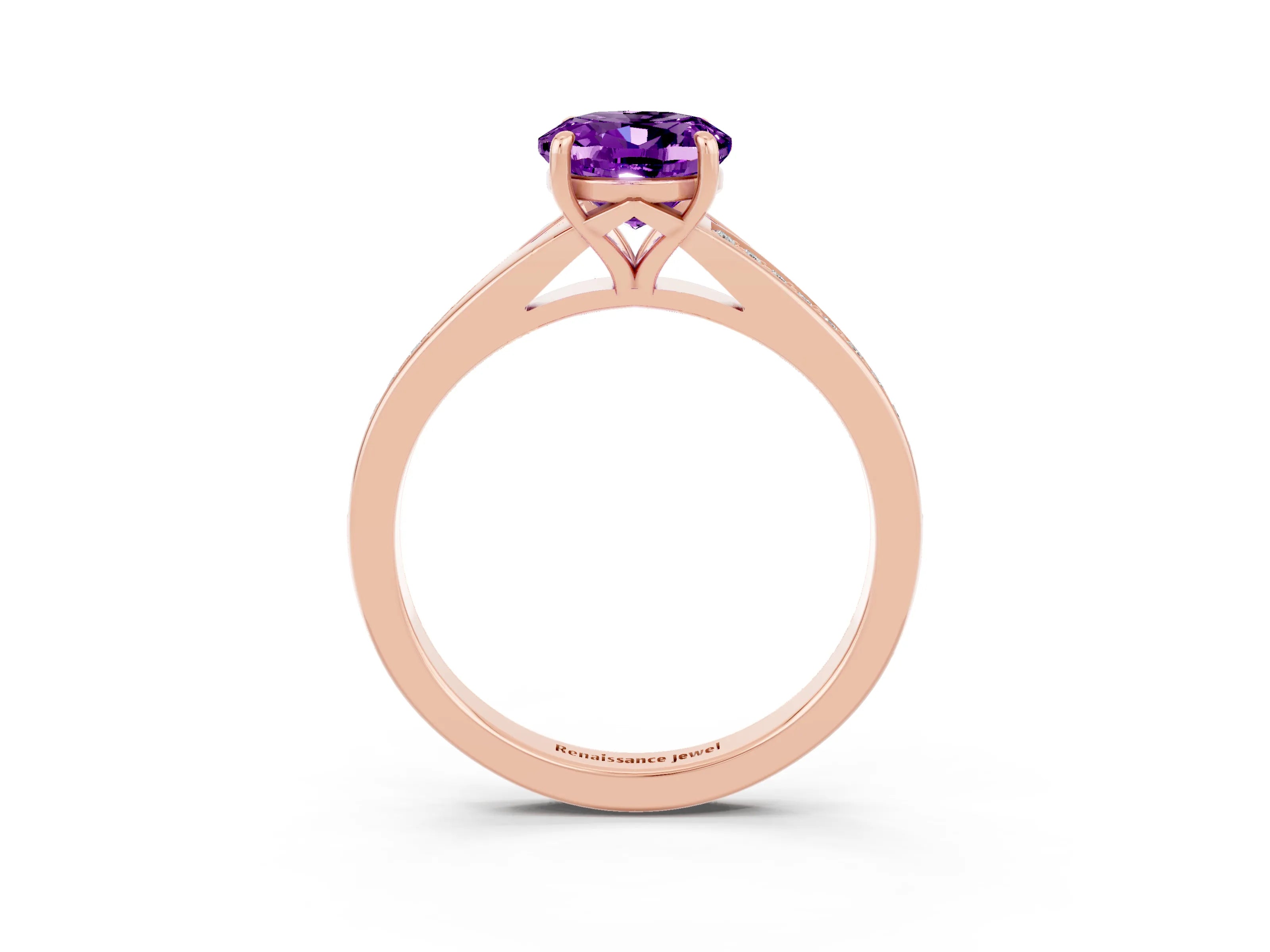 Rose gold Oval Cut Amethyst Solitaire Ring with Pavé Band and Prong Setting_3