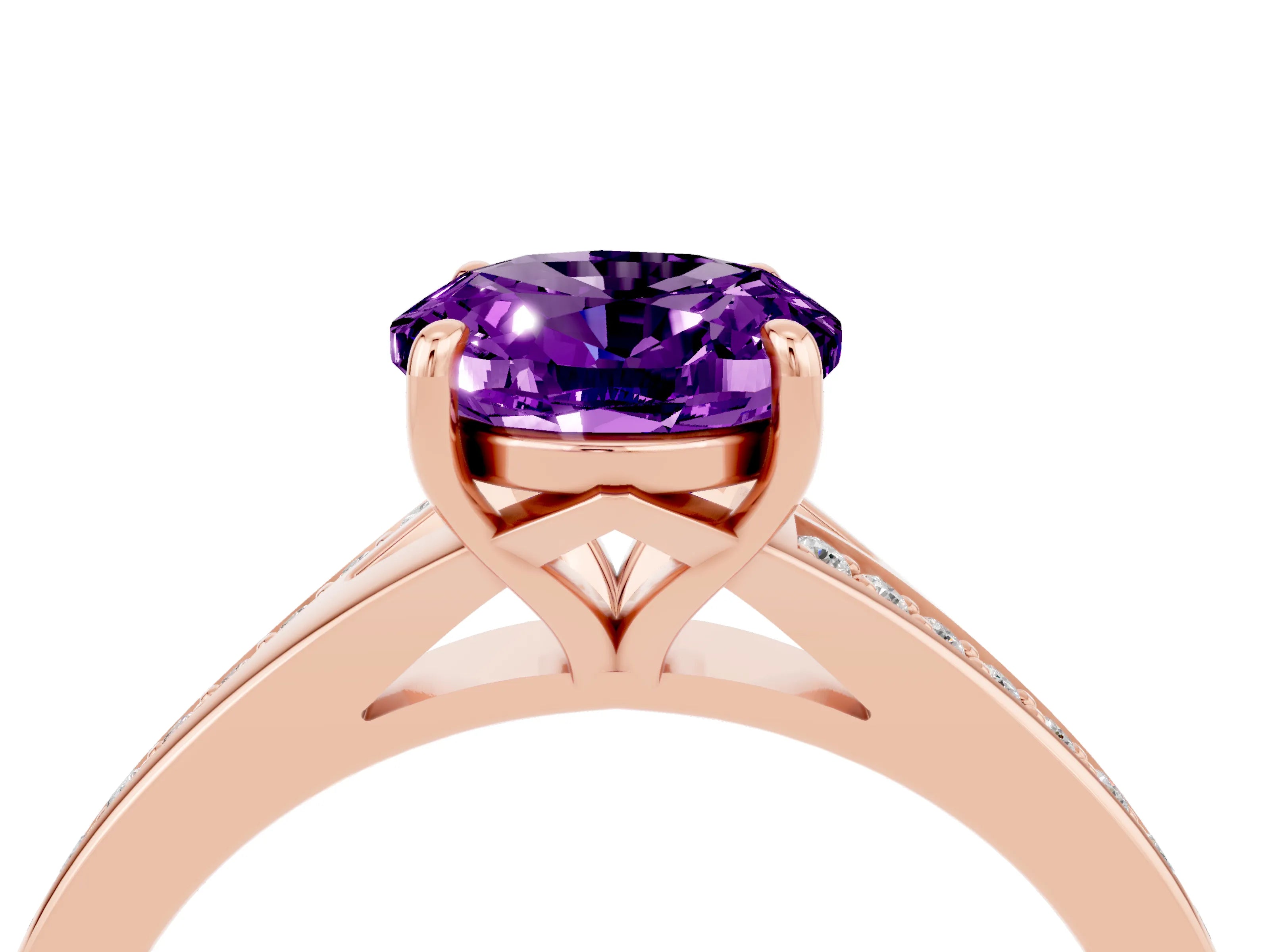 Rose gold Oval Cut Amethyst Solitaire Ring with Pavé Band and Prong Setting_4
