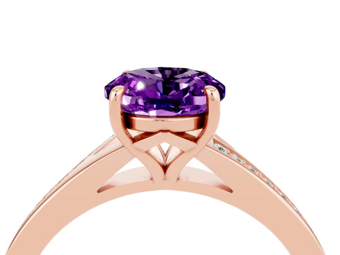 Rose gold Oval Cut Amethyst Solitaire Ring with Pavé Band and Prong Setting_4