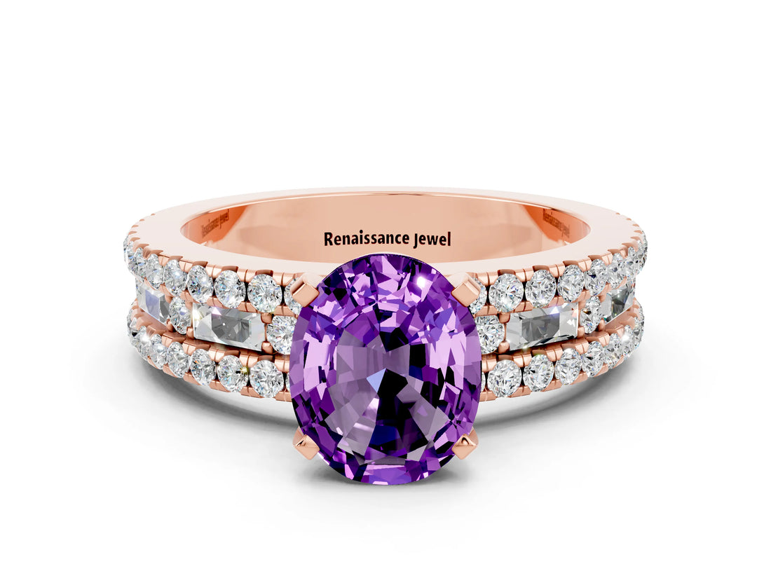 Rose gold Oval Cut Amethyst Solitaire Ring with Pavé and Channel Set Band