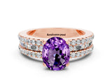 Rose gold Oval Cut Amethyst Solitaire Ring with Pavé and Channel Set Band