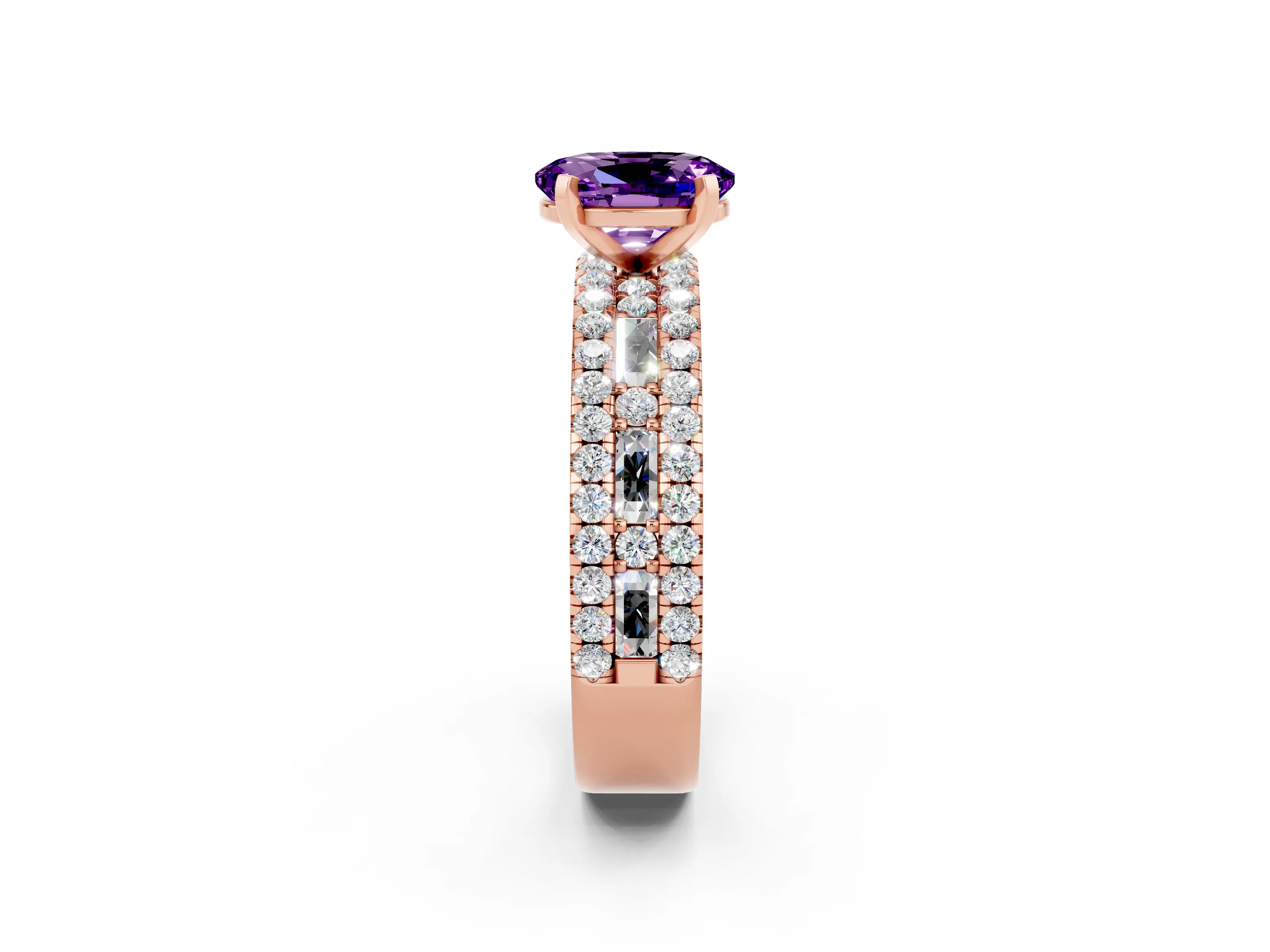 Rose gold Oval Cut Amethyst Solitaire Ring with Pavé and Channel Set Band_2