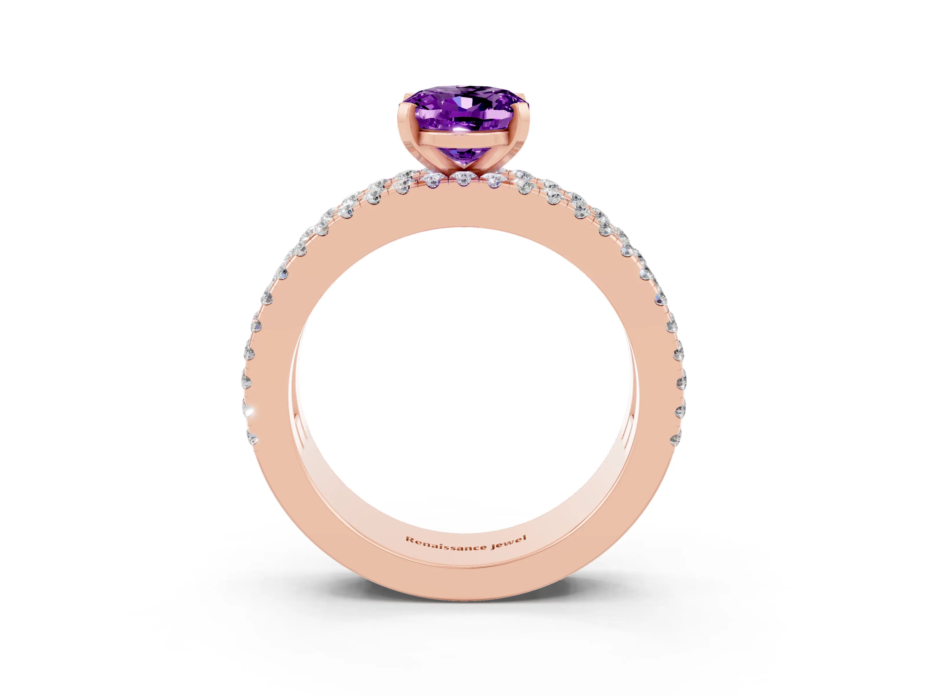 Rose gold Oval Cut Amethyst Solitaire Ring with Pavé and Channel Set Band_3