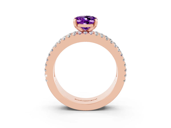 Rose gold Oval Cut Amethyst Solitaire Ring with Pavé and Channel Set Band