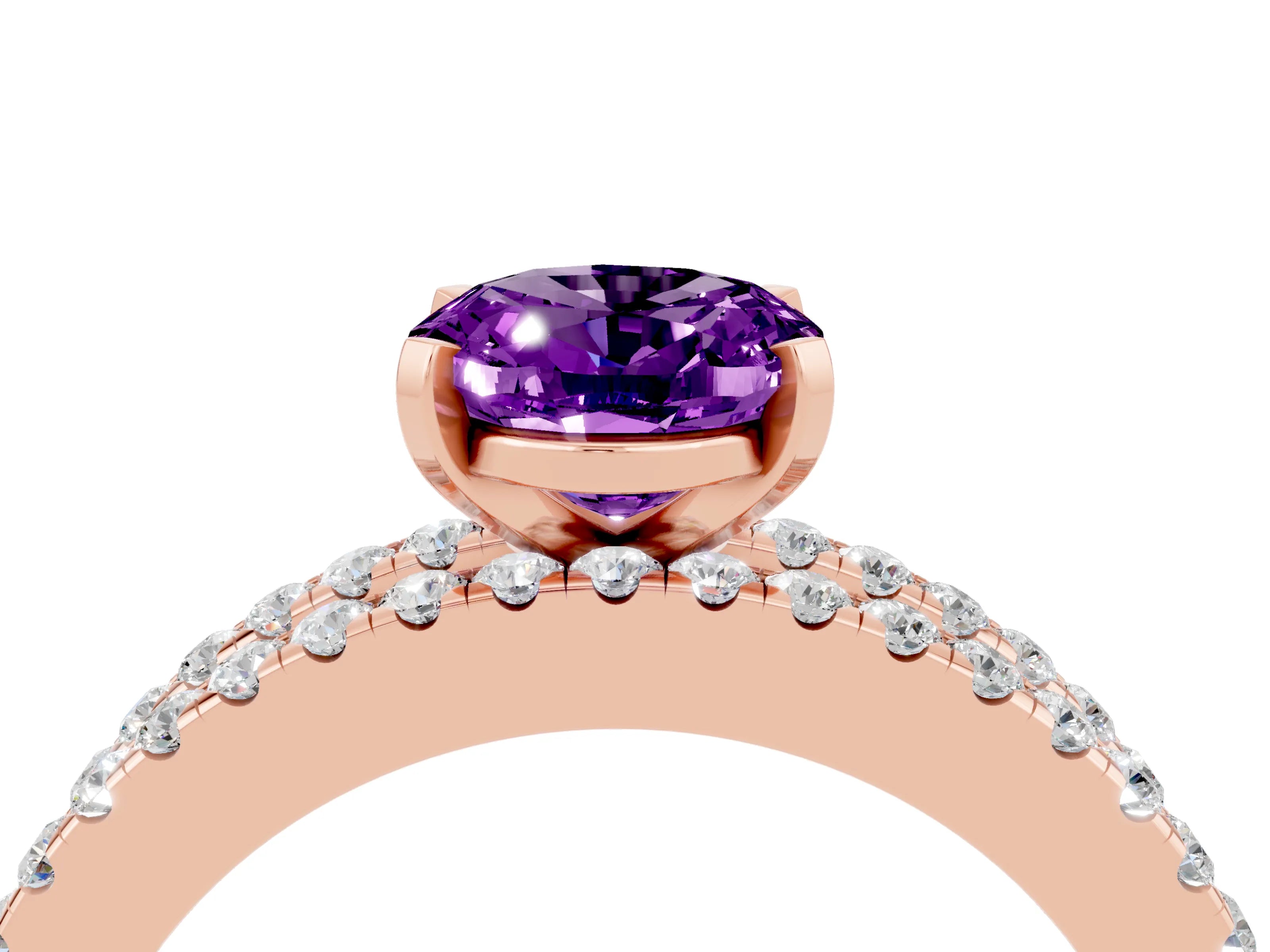 Rose gold Oval Cut Amethyst Solitaire Ring with Pavé and Channel Set Band_4