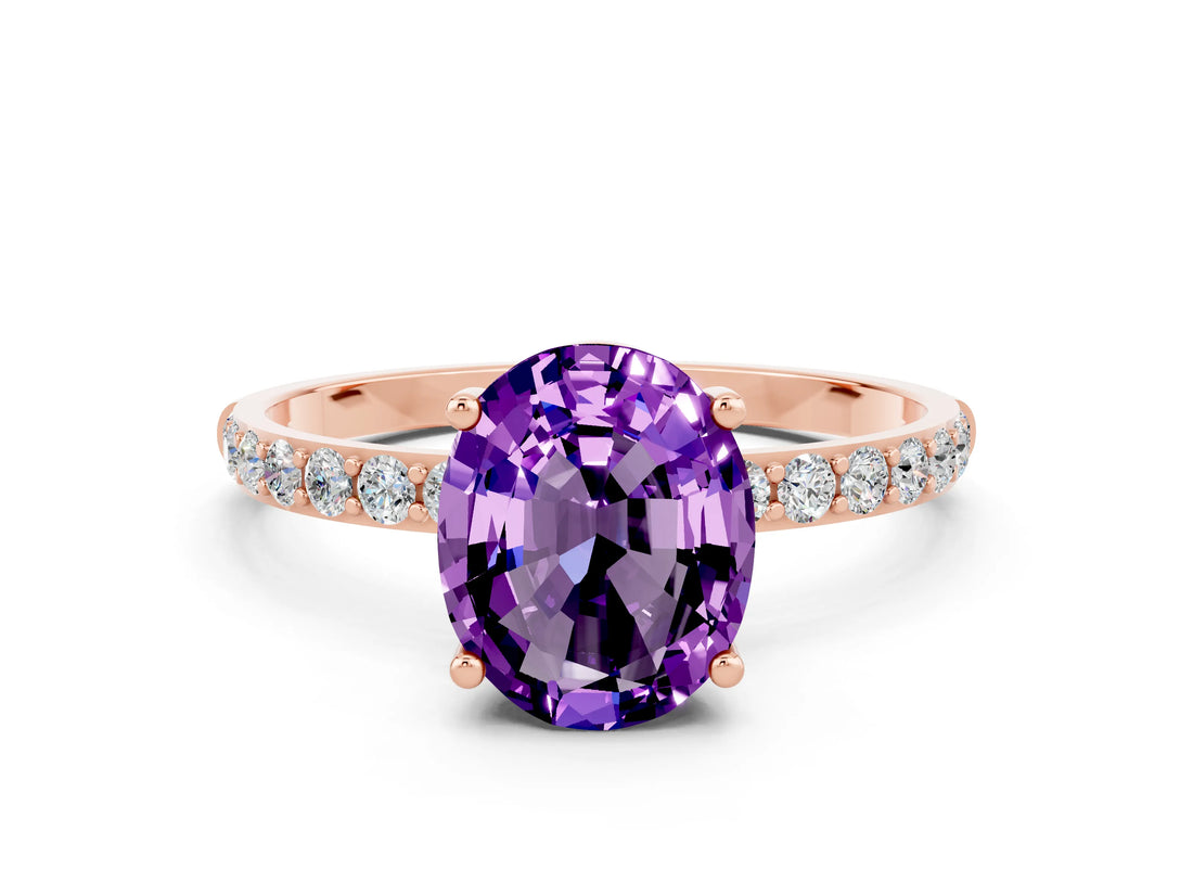 Rose gold Oval Cut Amethyst Solitaire Ring with Pave Band and Four Prong Setting_24