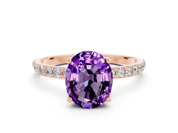 Rose gold Oval Cut Amethyst Solitaire Ring with Round  Pavé Band and Prong Setting