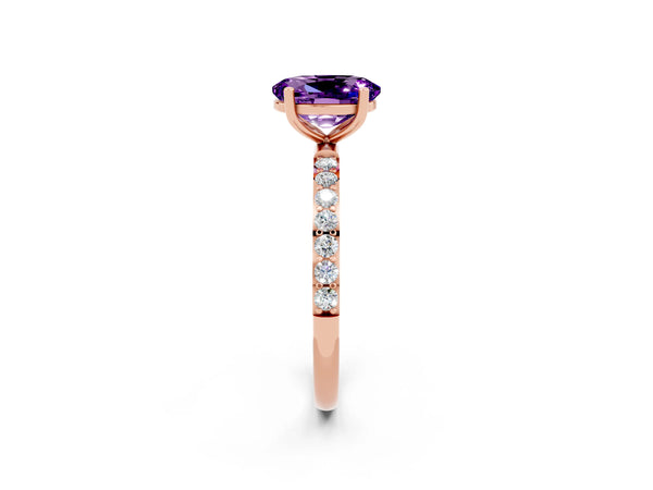 Rose gold Oval Cut Amethyst Solitaire Ring with Round  Pavé Band and Prong Setting