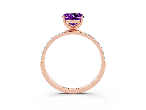 Rose gold Oval Cut Amethyst Solitaire Ring with Round  Pavé Band and Prong Setting