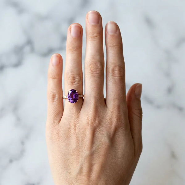 Rose gold Oval Cut Amethyst Solitaire Ring with Round  Pavé Band and Four-Prong Setting