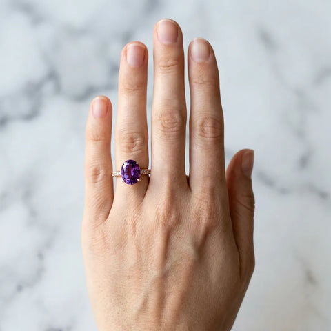 Rose gold Oval Cut Amethyst Solitaire Ring with Round  Pavé Band and Four-Prong Setting_42