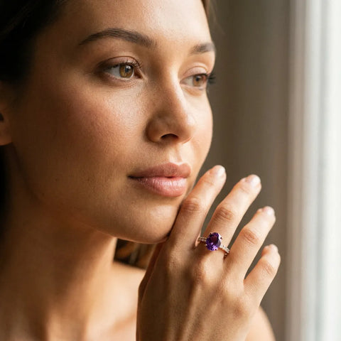 Rose gold Oval Cut Amethyst Solitaire Ring with Round  Pavé Band and Four-Prong Setting_43