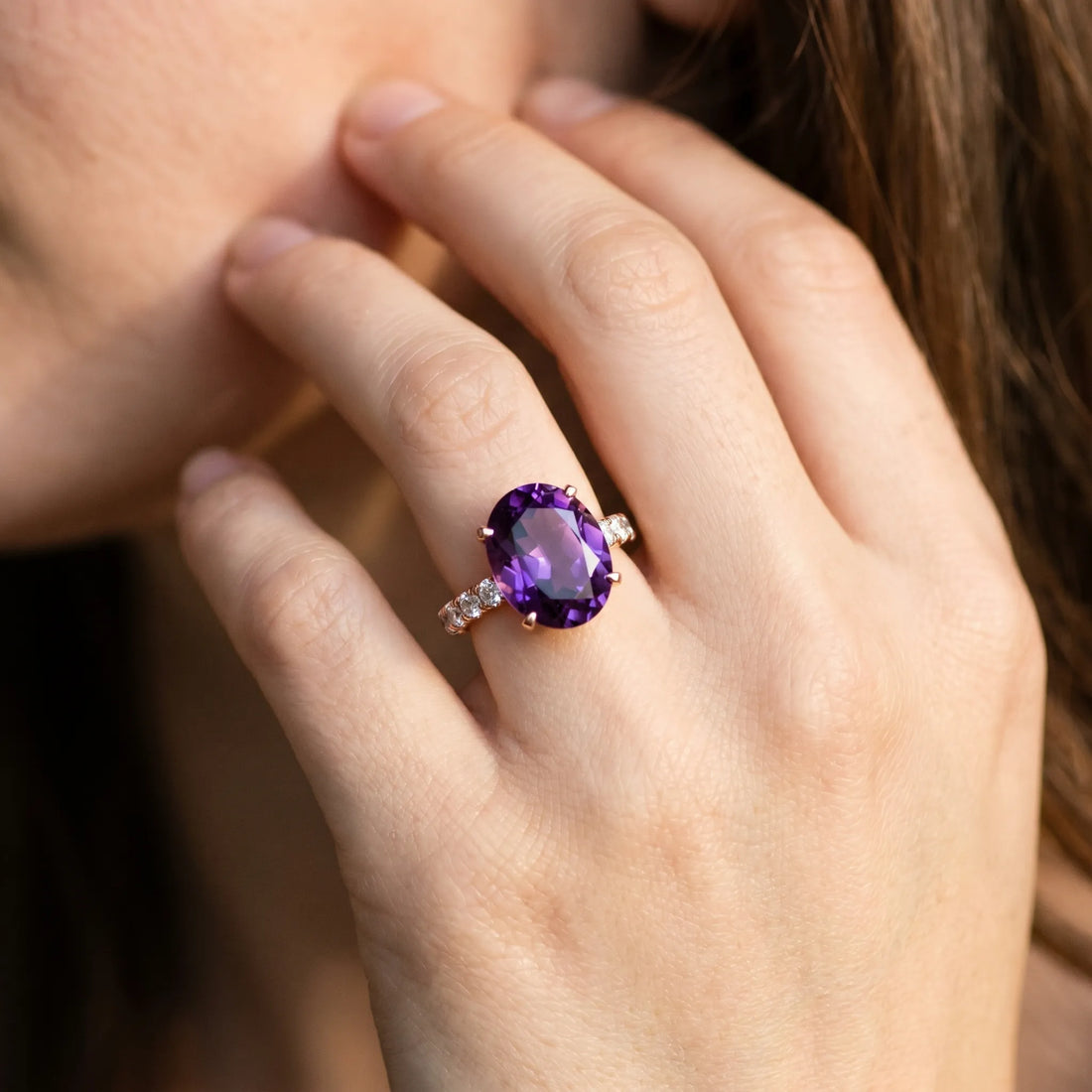 Rose gold Oval Cut Amethyst Solitaire Ring with Round  Pavé Band and Four-Prong Setting_44