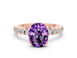 Rose gold Oval Cut Amethyst Solitaire Ring with Round  Pavé Band and Four-Prong Setting_44