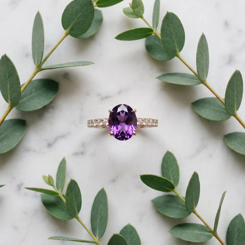 Rose gold Oval Cut Amethyst Solitaire Ring with Round  Pavé Band and Four-Prong Setting_45