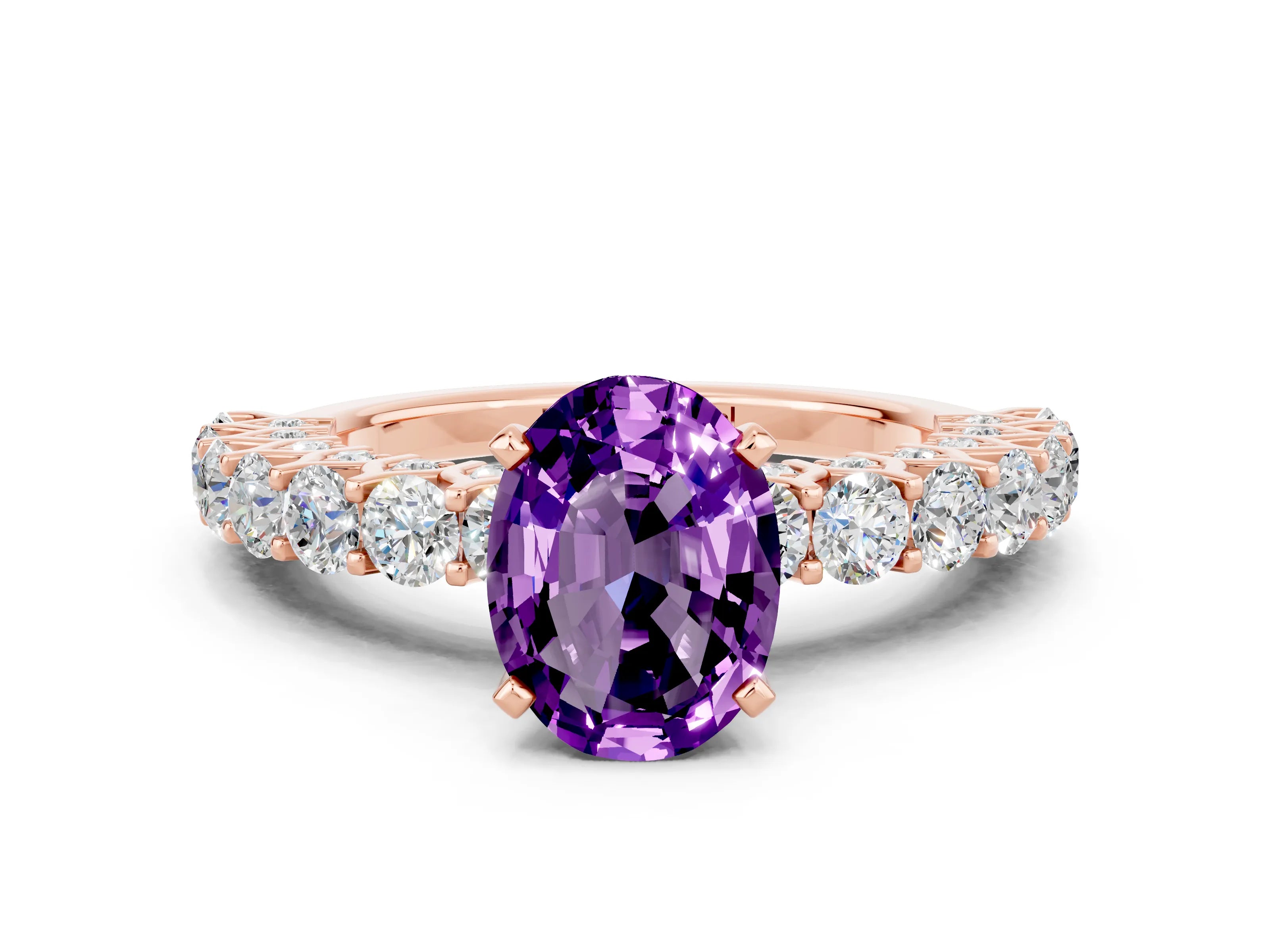 Rose gold Oval Cut Amethyst Solitaire Ring with Shared Prong Pavé Band and Four-Prong Setting