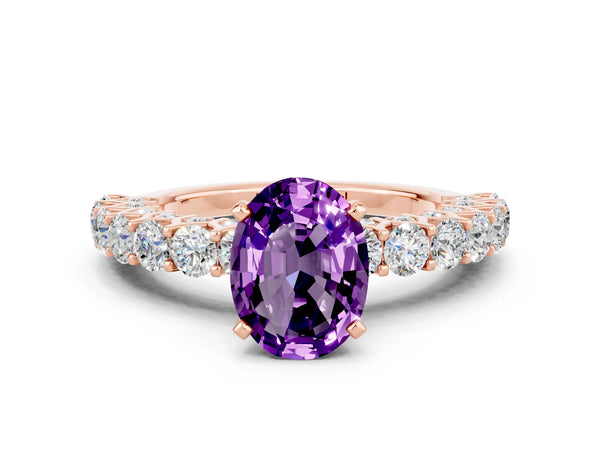 Rose gold Oval Cut Amethyst Solitaire Ring with Shared Prong Pavé Band and Four-Prong Setting