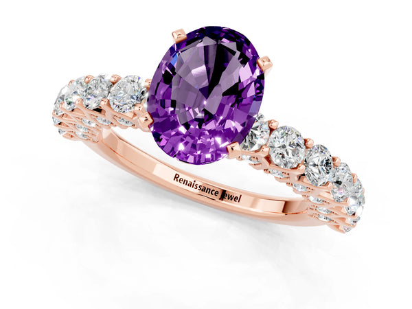 Rose gold Oval Cut Amethyst Solitaire Ring with Shared Prong Pavé Band and Four-Prong Setting