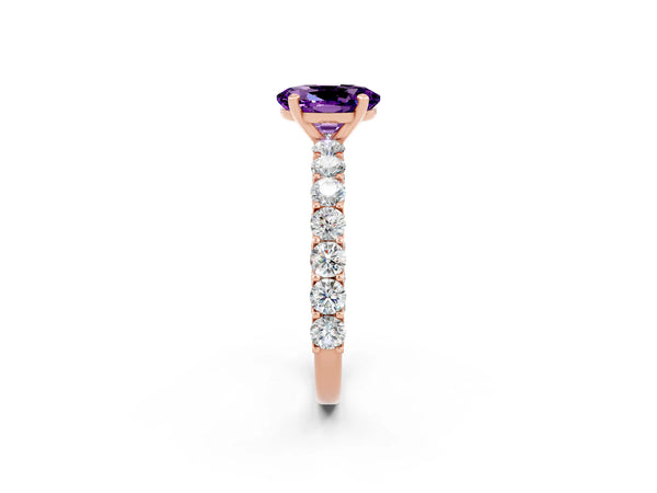 Rose gold Oval Cut Amethyst Solitaire Ring with Shared Prong Pavé Band and Four-Prong Setting