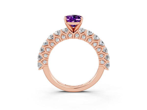 Rose gold Oval Cut Amethyst Solitaire Ring with Shared Prong Pavé Band and Four-Prong Setting