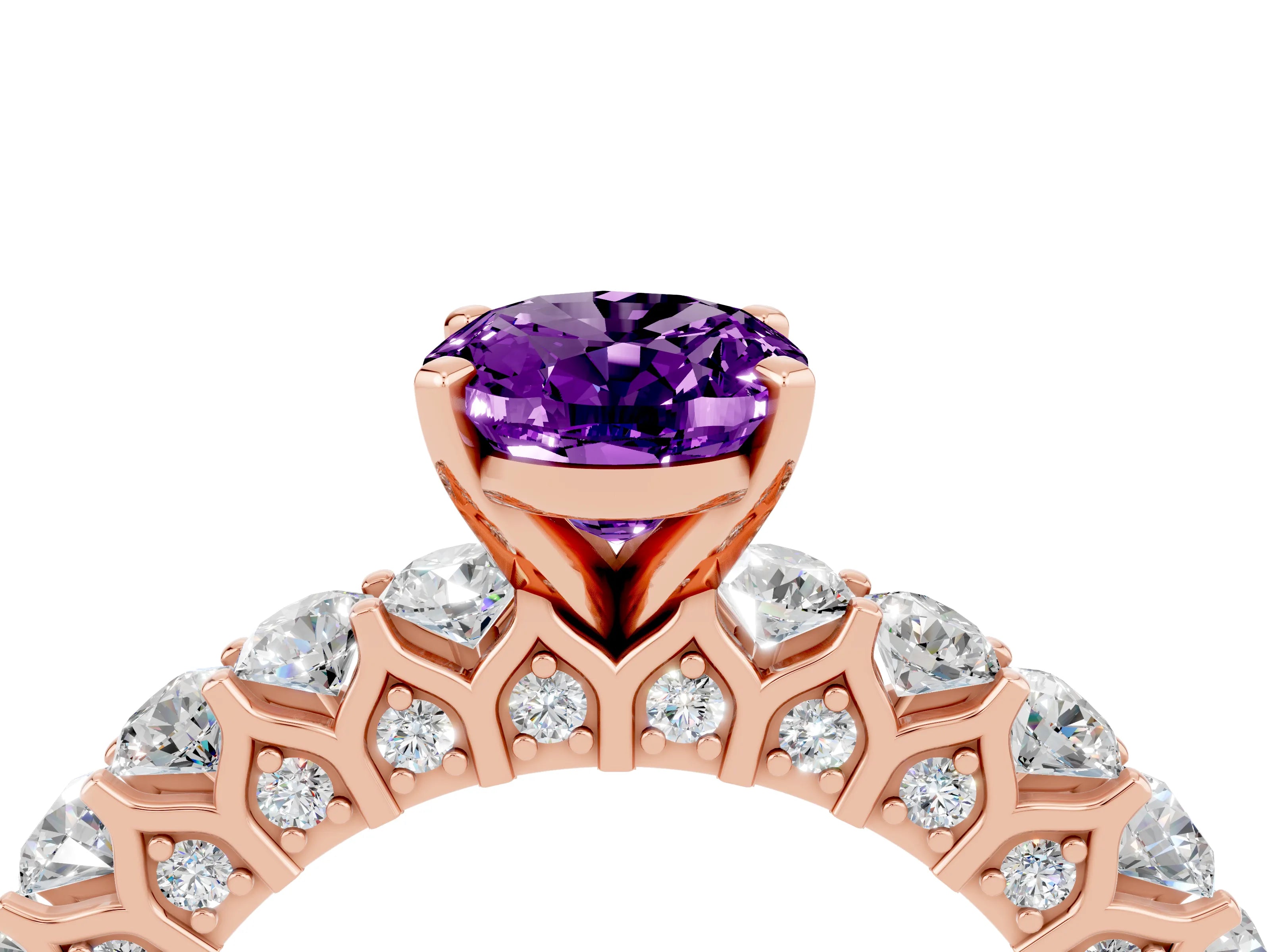 Rose gold Oval Cut Amethyst Solitaire Ring with Shared Prong Pavé Band and Four-Prong Setting_4