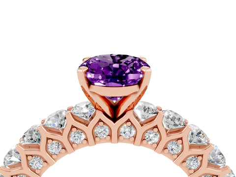 Rose gold Oval Cut Amethyst Solitaire Ring with Shared Prong Pavé Band and Four-Prong Setting_4