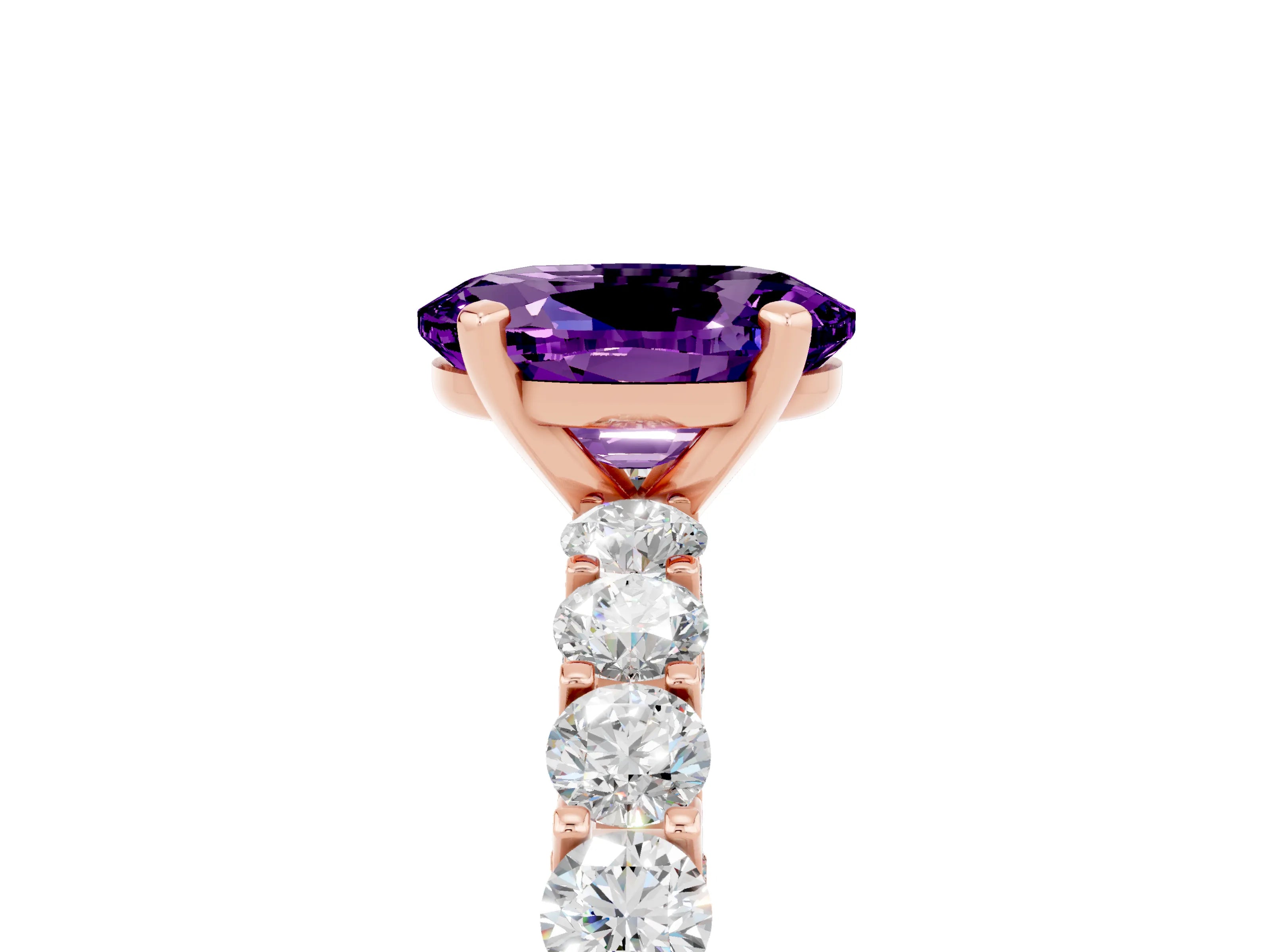 Rose gold Oval Cut Amethyst Solitaire Ring with Shared Prong Pavé Band and Four-Prong Setting_5