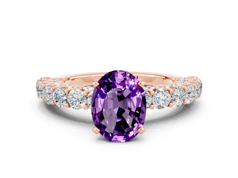 Rose gold Oval Cut Amethyst Solitaire Ring with Shared Prong Pavé Band and Four-Prong Setting